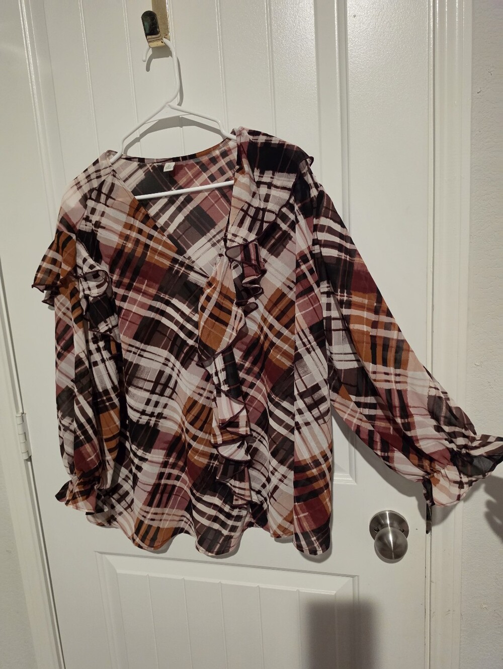 Cato Plaid Ruffle V-Neck Blouse XL Sheer Chiffon Long Sleeve Top